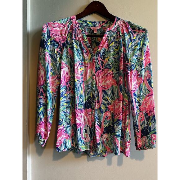 Lilly Pulitzer Top Button Front Elsa in Flamenco Beach Flamingo Print Size XS - Picture 1 of 10